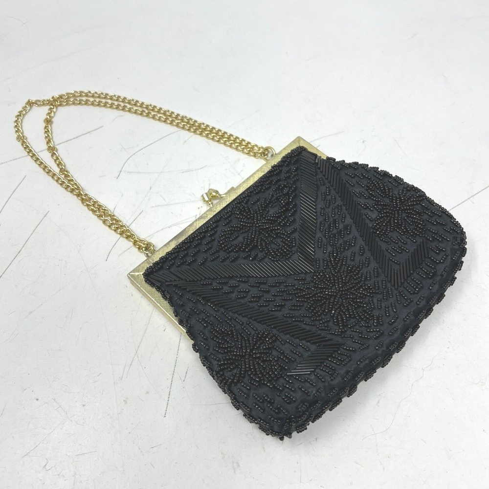 Vintage Black Beaded Bag‎ Purse Handbag Gold Tone Made in Hong Kong